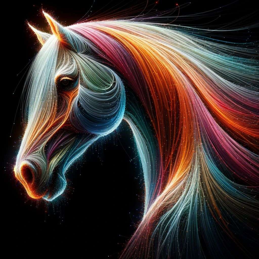 a horse, made from glowing multicolored luminescent fibers, digital art